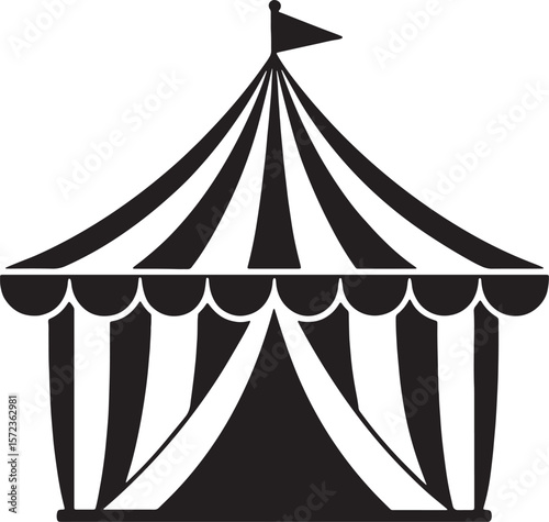 Classic circus tent silhouette with striped canopy and flag isolated on white background