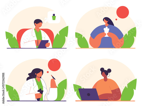 Flat design illustrations of people interacting in various professions and activities