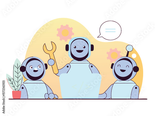 Friendly robots working together on code with a wrench and a chat bubble