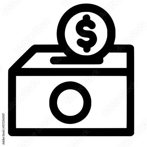 Outline Minimalist Donation Box with Coin Simple Line Icon Symbol