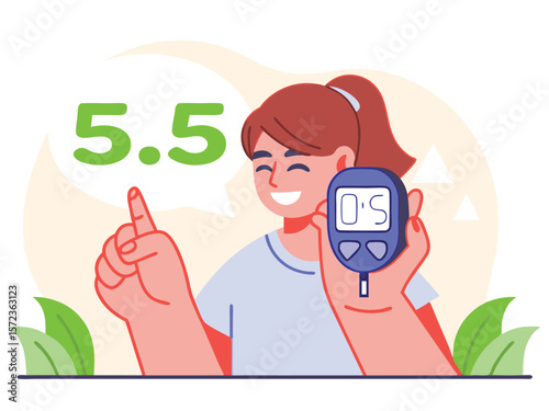 Happy woman showing good blood sugar level result with glucometer