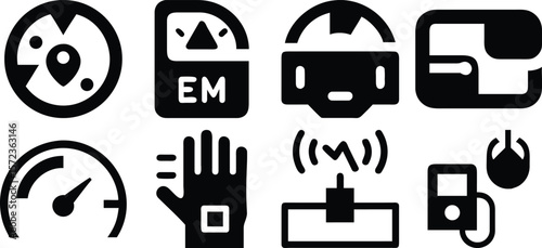 Vector art of a set of technology icons depicting various digital devices and interfaces isolated on transparent background.