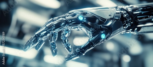 Futuristic robotic hand in focus