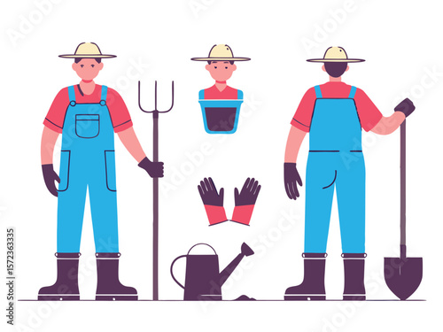 Illustrated gardener with tools on a white background depicting agriculture and farming activities