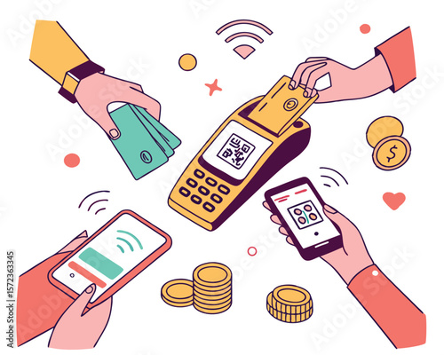 Illustrated digital payments with cards phones and point of sale terminal on white