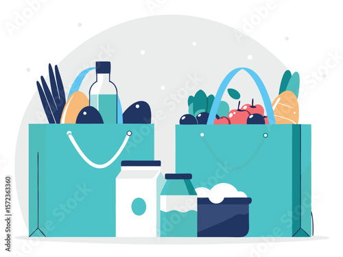 Illustrated grocery bags filled with fresh produce and dairy products transparency vector