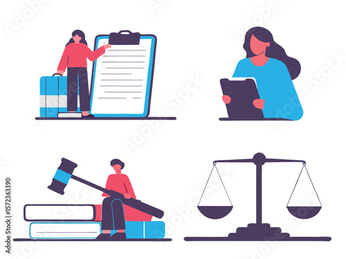 Illustrated icons depicting legal concepts and justice for law and order