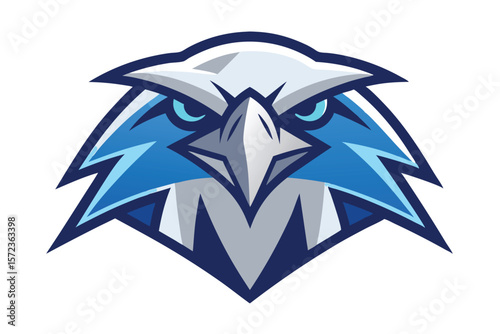 Fierce blue and gray bird head with striking teal eyes stares intensely forward