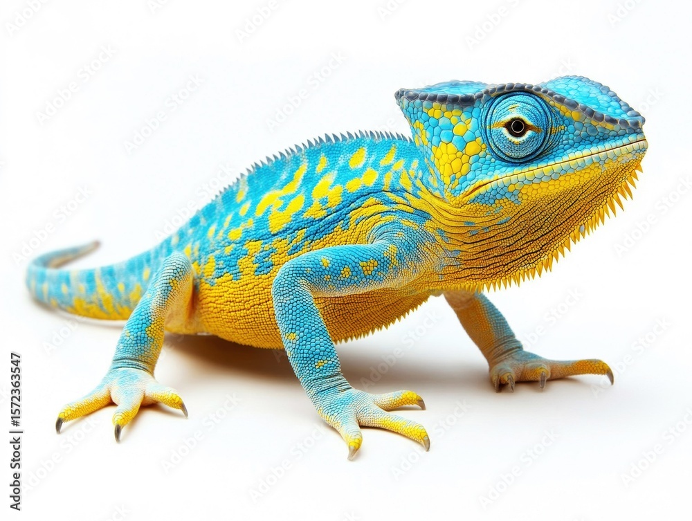 Obraz premium A striking blue and yellow lizard stands poised on its legs, showcasing its vivid coloration and intricate patterns. The bright colors contrast sharply against the plain background.