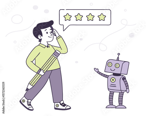 Illustration of a man considering a star rating with a friendly robot