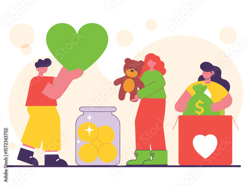 Illustration representing charity giving and donations for humanitarian aid initiatives