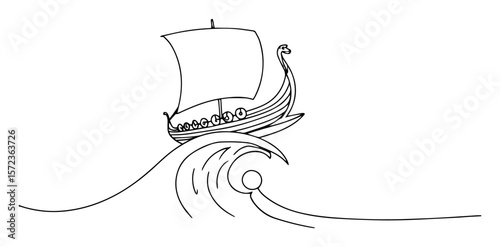 viking ship riding ocean wave line art