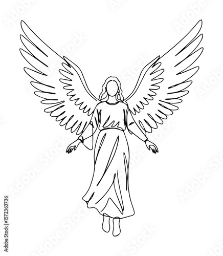 angel with wings flying up line drawing