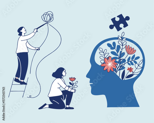 Illustrative depiction of mental well-being with flowers and a missing puzzle piece