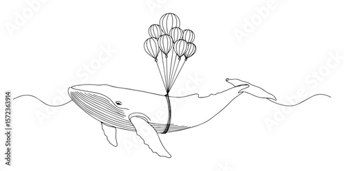 whale flying with balloons surreal vector