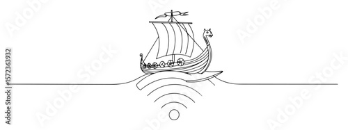 viking ship floating above wifi signal vector