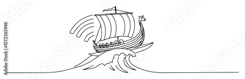 viking ship riding ocean waves line vector