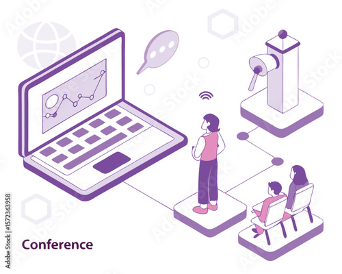 Isometric conference presentation with laptop microphone and audience transparent design
