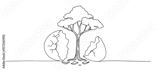 tree growing from cracked egg line vector
