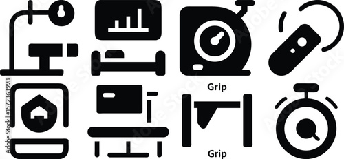 Vector art of a set of black glyph icons representing various fitness and healthcare concepts isolated on transparent background.
