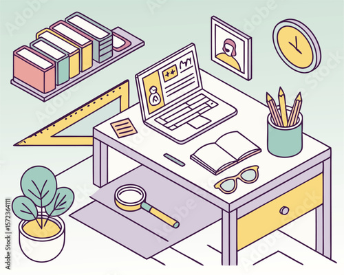 Isometric illustration of a workspace with laptop books and office supplies