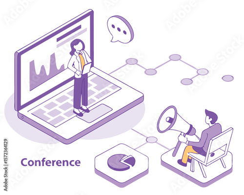 Isometric illustration of conference meeting with presenter and communication elements