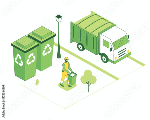 Isometric illustration of recycling process with trash truck and waste bins