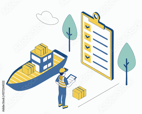 Isometric illustration of shipping logistics process including ship, boxes, and checklist.