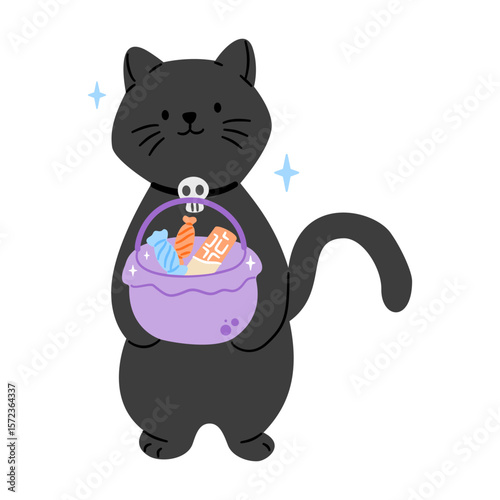 Cute black cat with a skull collar holding a bucket full of Halloween candy, isolated on white. Ready for trick-or-treating