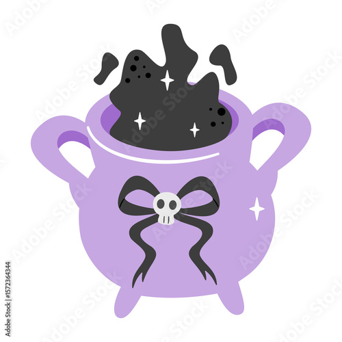 Bubbling purple witch's cauldron with a skull bow, isolated on white. Perfect for Halloween potions and magic