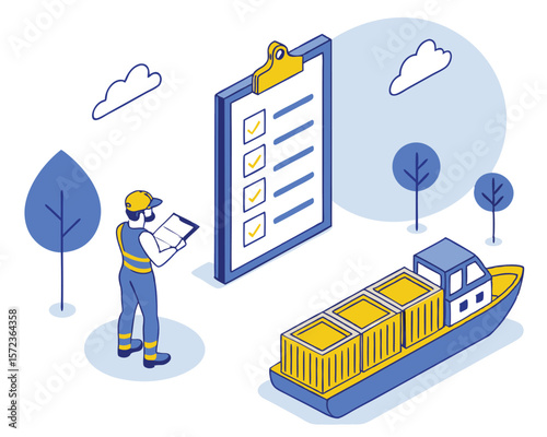 Isometric illustration of shipping process with checklist and cargo ship element