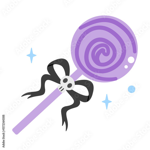 Spooky purple lollipop with a skull bow and sparkling accents, isolated on white. A sweet Halloween treat