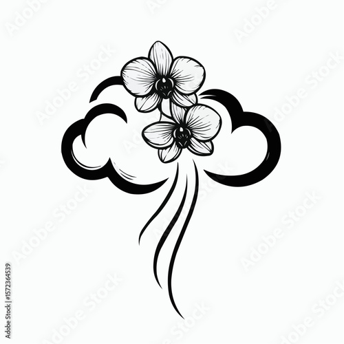 Orchid flowers elegant illustration intertwined with cloud shapes on a light background
