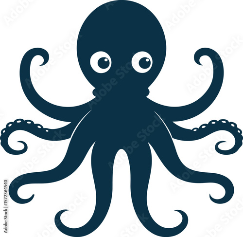 Cute dark blue octopus with big eyes silhouette isolated on white background