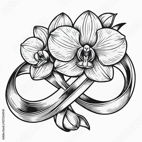 Orchid flowers intertwined with ribbon in black and white line art illustration
