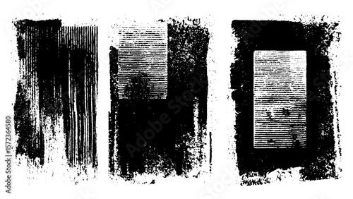  wide stripes rough textures set. Geometric composition made of textured Lino ink remains. Black and white artistic text background.