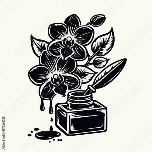 Artistic black and white illustration of ink bottle with orchid flowers for creative design