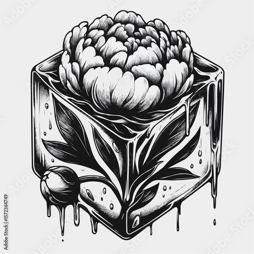 Detailed black and white illustration of a peony flower trapped in ice for artistic expression and symbolism
