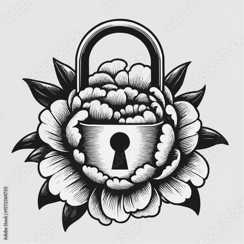 Intricate black and white illustration of a padlock surrounded by a peony flower for artistic symbolism