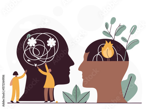 Mental health illustration showing brains and people with floral and fire elements