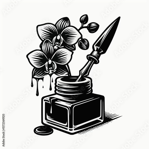 Artistic black and white illustration of an ink bottle with orchid flowers for creative design

