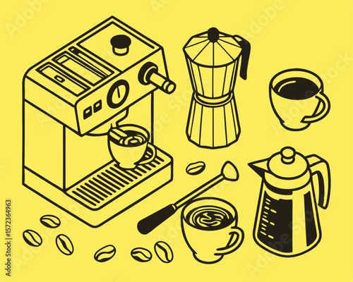 Minimalist coffee machine and accessories vector illustration on white background