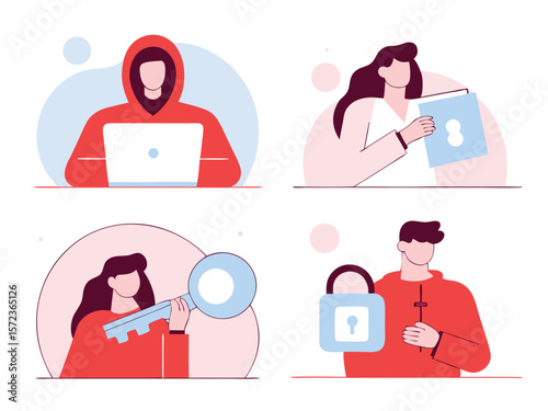 Modern illustration of security protection concepts featuring people with icons