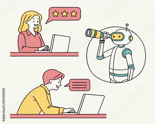 People and robot interacting with technology for feedback and communication in simple illustration