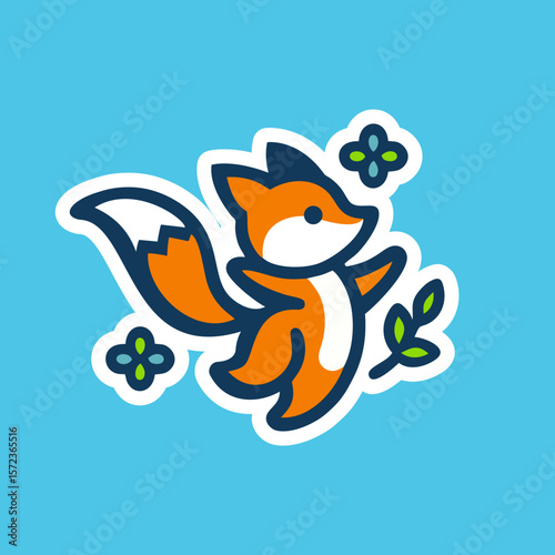 fox cartoon illustration. Cute fox dancing among flowers and plant. Vector graphics. Isolated on white background.