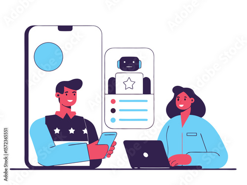 People interacting with ai bot on mobile phone and laptop in flat illustration