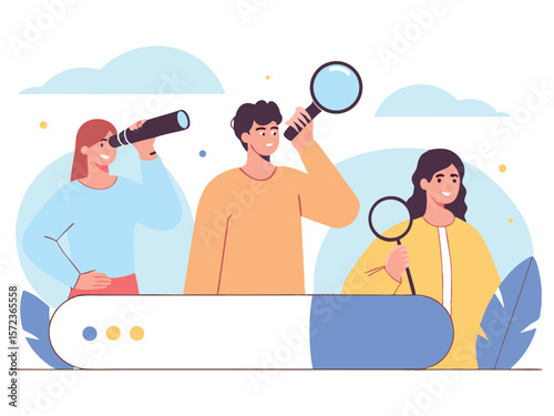 People exploring the search bar with magnifying glasses and telescope