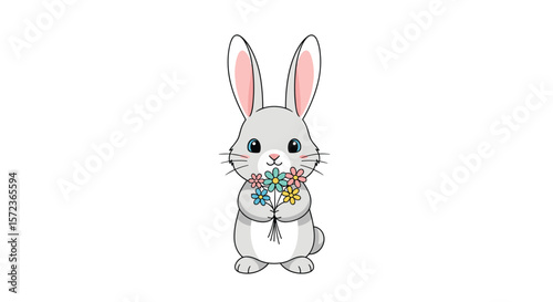 Cute little gray bunny holding a bouquet of colorful flowers celebrating spring holidays