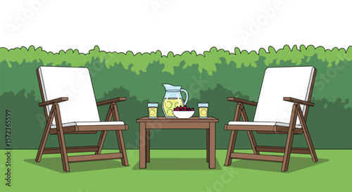 Two chairs and a table in a garden with a hedge and drinks