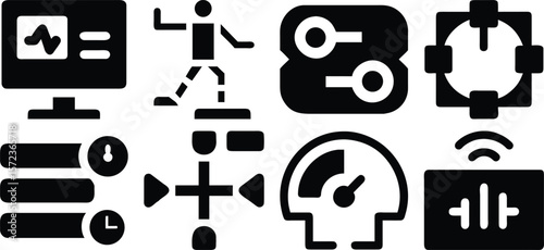 Vector art of a set of sleek black icons depicts a technological system, human motion tracking, and data processing isolated on transparent background.